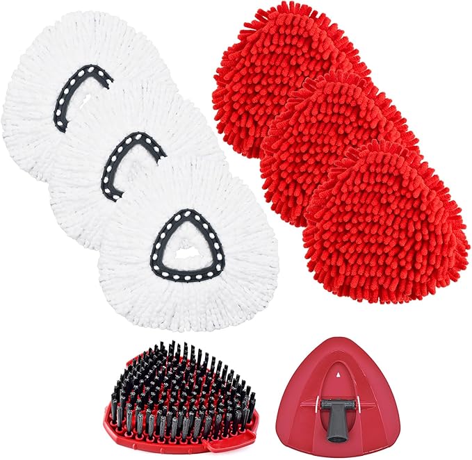 Mop Replacements Heads for OCedar EasyWring, 3 Microfiber Head Refills and 3 Chenille Pads,1 Scrub Brush, and 1 Base