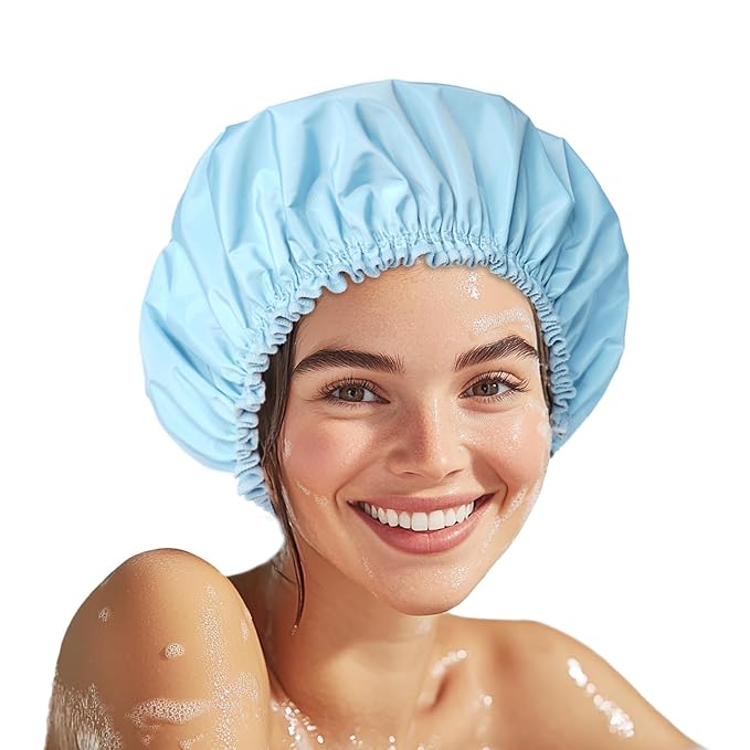 Shower Cap for Women, Large Waterproof Shower Bonnet | Double Layer, Reusable Hair Protector, Washable Large Bath Cap, Wide Elastic Band, for Long Hair, Braids - Blue