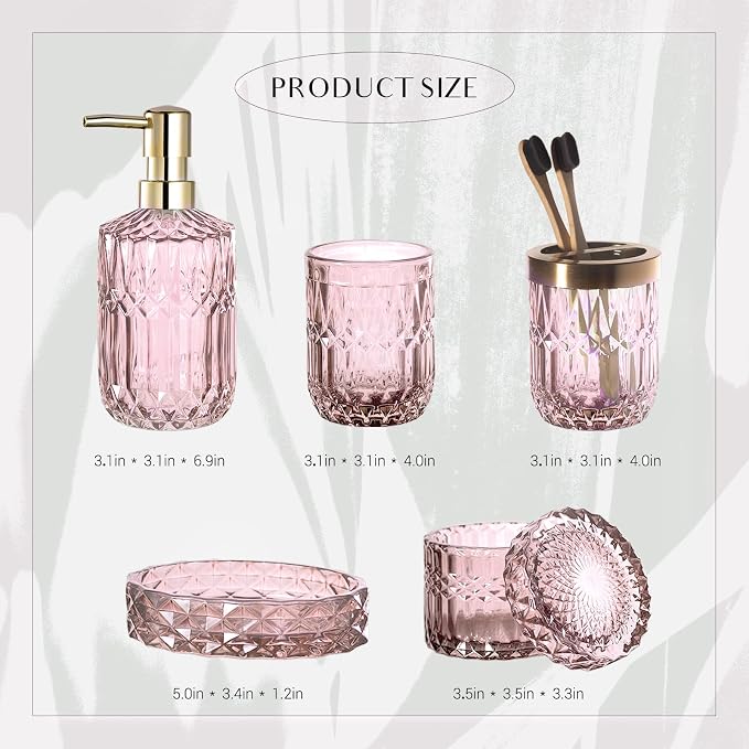 EMPO 6PCS Bathroom Clear Glass Accessories Set (Lotion Soap Dispenser, Soap Dish, Toothbrush Holder, Tumbler, Cotton Swab Jar), Contemporary Modern Decor Crystal Vintage Gift (6pcs Light Pink)
