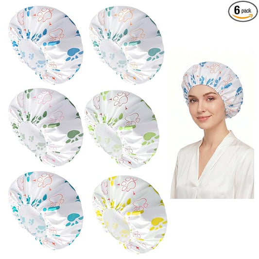 6 PCS Shower Capsfor Women, Reusable Waterproof Bath Caps | Double Side Water-resistant PEVA Hair Cap , Bath Accessories, Spa, Travel, Environmental Protection - Paw