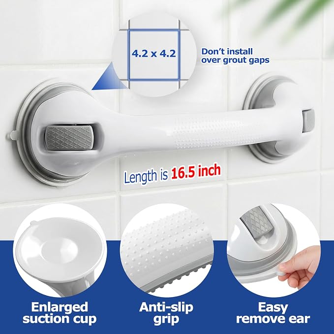 Grab Bars for Shower, 3 Pack Suction Cup Shower Handle with Textured Grip, 16.5 Inch Removable Bath Handrails for Seniors, Elderly and Handicap, Drill-Free Balance Support for Smooth Tile
