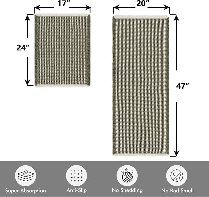 MIULEE Set of 2 Waffle Bathroom Rugs Green&Cream Bath Mat 17"x24"+20"x47" | Non Slip, Super Absorbent, Washable, Ultra Soft, Rubber Backed, Small Boho Bath Rug and Bathroom Runner for Floor Tub Shower