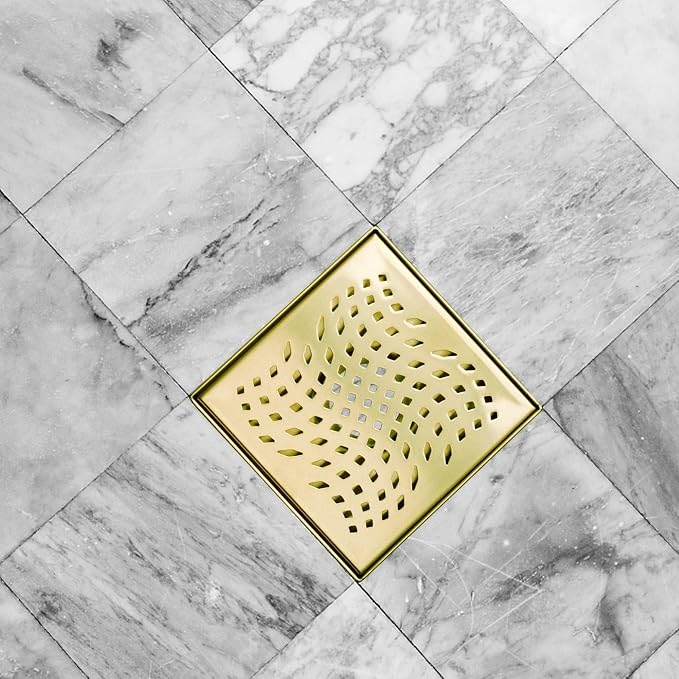 Brushed Gold Square Shower Drain with Flange 4x4, HIDROP 4 inch SUS 304 Stainless Steel Brass Gold Shower Floor Drain with Removable Hair Strainer