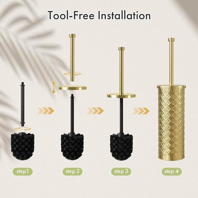 Toilet Bowl Brush and Holder Set 2 Pack with 4 Extra Brush Heads (Gold) | Extra Long Handle with Splash Guard Cover, Tool-Free Installation, Bathroom Space-Saving, Cleaner Sets for Apartments, RV