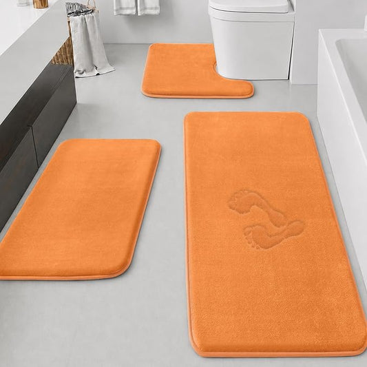 HUXMEYSON Bathroom Rugs Sets 3 Piece, Non-Slip & Quick Dry Bath Mat Set, Ultra Soft Velvet Bath Rugs for Bathroom, Toilet and Shower Floor, Orange