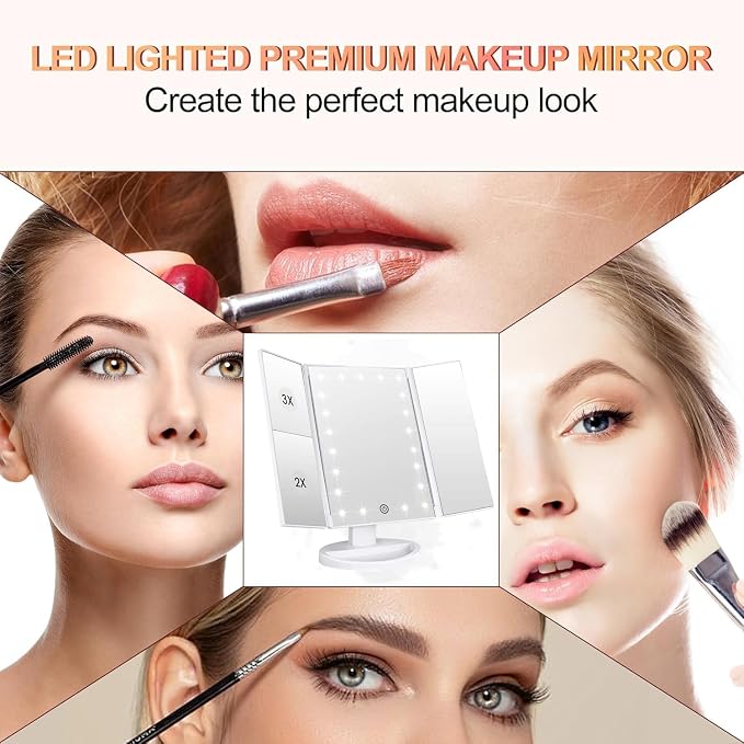 Flymiro Tri-fold Lighted Vanity Makeup Mirror with 3x/2x Magnification,Light up Mirror for Makeup,Touch Screen 21 LEDs,180° Rotation Countertop Cosmetic Mirror,Gifts for Women Mom Teen Girls