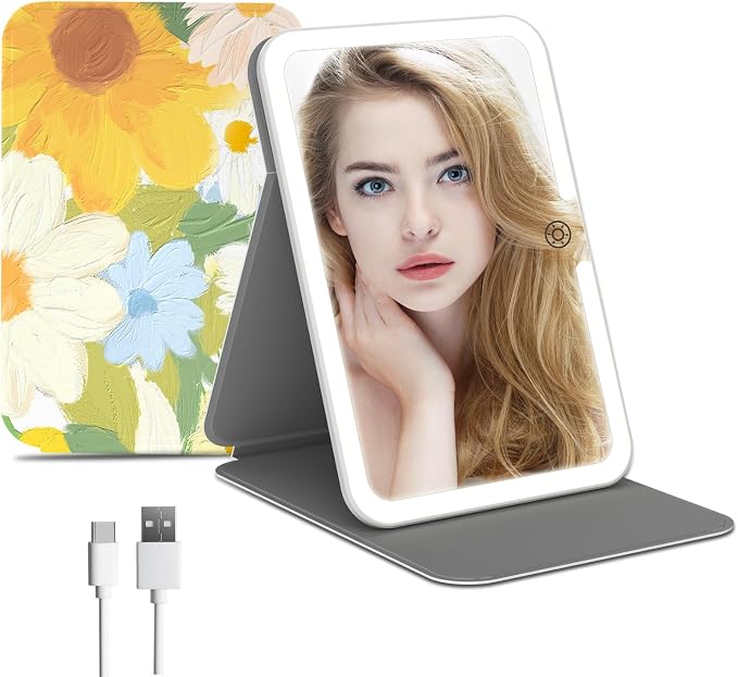 FUNTOUCH Rechargeable Travel Lighted Makeup Mirror with PU Leather Cover | Portable Travel Makeup Mirror with lights, 3 Color Lighting,Touch Dimmable, Light Up Tabletop Cosmetic Mirror Folding Flower