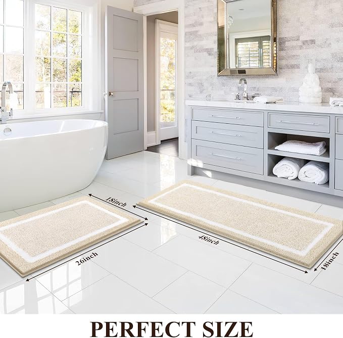 Pauwer Bathroom Rugs Sets 2 Piece, Non Slip Washable Bath Mat, Light Beige | Soft Plush Microfiber, Super Absorbent Floor Carpet, Quick Dry, Shaggy Shower Rug Runner