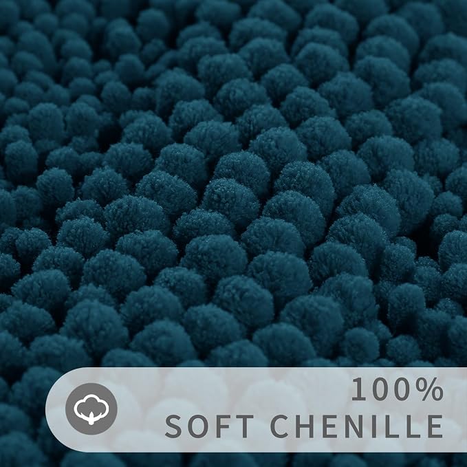 Yimobra U Shaped Toilet Rug Set, Soft Chenille, 24x17+24x20, Peacock Blue | Non Slip Machine Washable Quick Dry, Plush Absorbent Shower Rugs for Bathroom Floor Sink Tub and Shower Outside