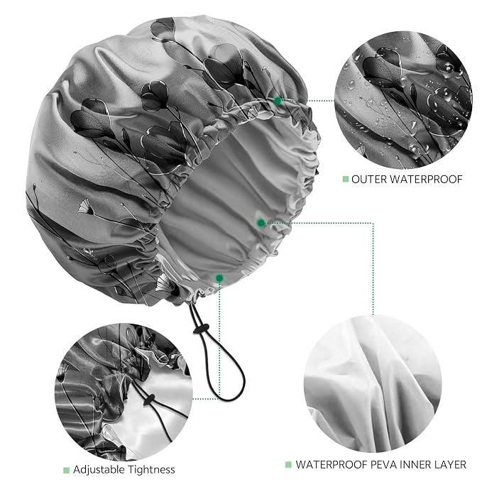 2 PCS Shower Cap Waterproof Double Layer Elastic Adjustable Reusable Hair Bath Caps for Girls Women Cute Aesthetic-Black Grey
