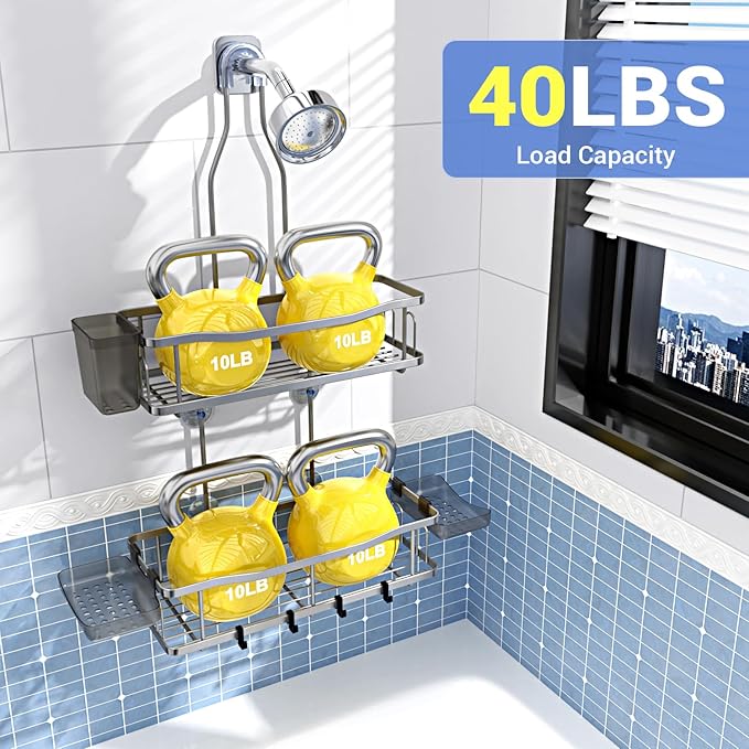 Aitatty Hanging Shower Caddy Bathroom Organizer: Rustproof Shower Shelf Racks Over Shower Head - No Drilling Inside Bath Shower Rack Shelves Over Showerhead for Shampoo with Soap Holder Silver | Includes Soap Holder and Hooks for Shampoo, Conditioner, ...