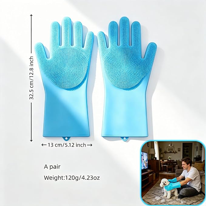 Silicone Dog Grooming Glove for Dogs and Cats, Enhanced Five-Finger Fit, Non-Slip & Extended Cuff, Dual-Sided Pet Bath Brush for Washing, Massage & Deep Cleaning 1 Pair (Blue)