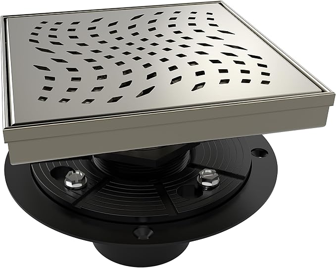 WEBANG 6 Inch Square Shower Drain Nickel Floor Drain with Flange Wave-Hole Pattern Cover Grate Removable SUS304 Stainless Steel Watermark&CUPC Certified Brushed Nickel