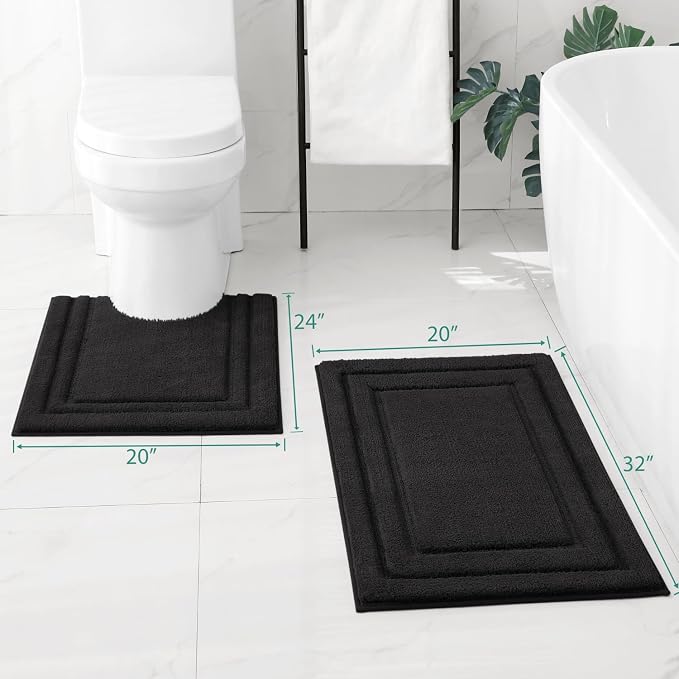 HOMEIDEAS Bathroom Rugs Sets 2 Piece, Super Soft and Absorbent Non Slip Microfiber U-Shaped Toilet Bath Mat Set (20"x32"+U20 x24, Black) | Super Soft and Absorbent Non Slip Microfiber Bath Rug，Machine Washable, for Bathroom, 20"x32"+U Shape 20"x24"