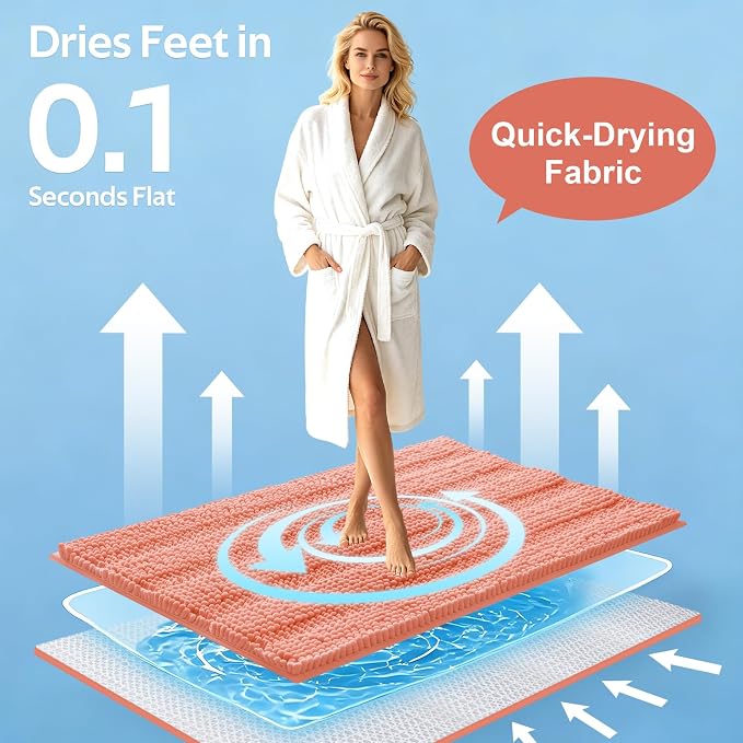 ACCUMTEK Striped Coral Toilet Bathroom Rug Mat Set 2 piece Rug Ultra Soft, Non Slip Chenille Bath Rugs, Absorbent Plush Shaggy Bath Mats for Bathroom, Bedroom, Kitchen, Shower, Tub