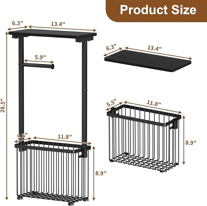 Free Standing Toilet Paper Holder with Storage Shelf – Bathroom Tissue Stand with Space for Phone, Wet Wipes and Magazines – All-in-One Toilet Roll Dispenser and Organizer Holds 4-6 Rolls
