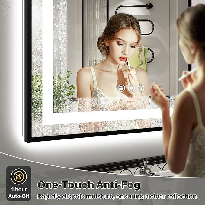 36x30 Inch LED Bathroom Mirror with Black Frame, Backlit & Front Lit | Anti-fog, 3 Color Dimmable, Memory Function, HD Reflection Tempered Glass, ETL Listed, IP54 Waterproof