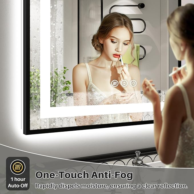 44x30 Inch LED Bathroom Mirror with Black Frame, Backlit & Front Lit | Anti-fog, 3 Color Dimmable, Memory Function, HD Reflection Tempered Glass, ETL Listed, IP54 Waterproof