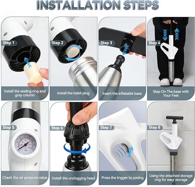 Toilet Plunger, High Pressure Drain Unclogger Plungers with Pressure Gauge, toilet auger Air Drain Blaster, Versatile Heavy Duty Clog Remover for Bathroom, Kitchen, Floor Drain (Gray)
