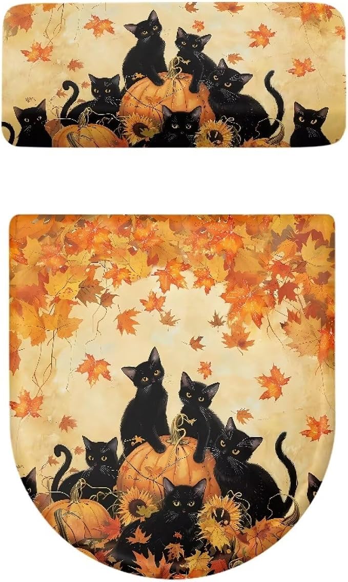 Black Cat Toilet Lid Covers for Bathroom Set, Pumpkin Toilet Seat Lid Cover Maple Leaf Pattern, Lightweight Bathroom Autumn Decor