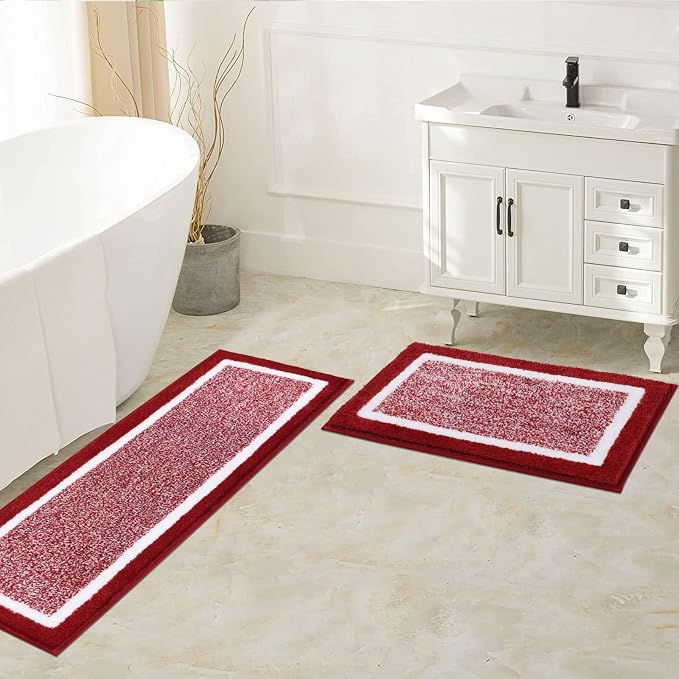 Pauwer Bathroom Rugs Sets 2 Piece, Non Slip Washable Bath Mat, Red | Soft Plush Microfiber, Super Absorbent Floor Carpet, Quick Dry, Shaggy Shower Rug Runner