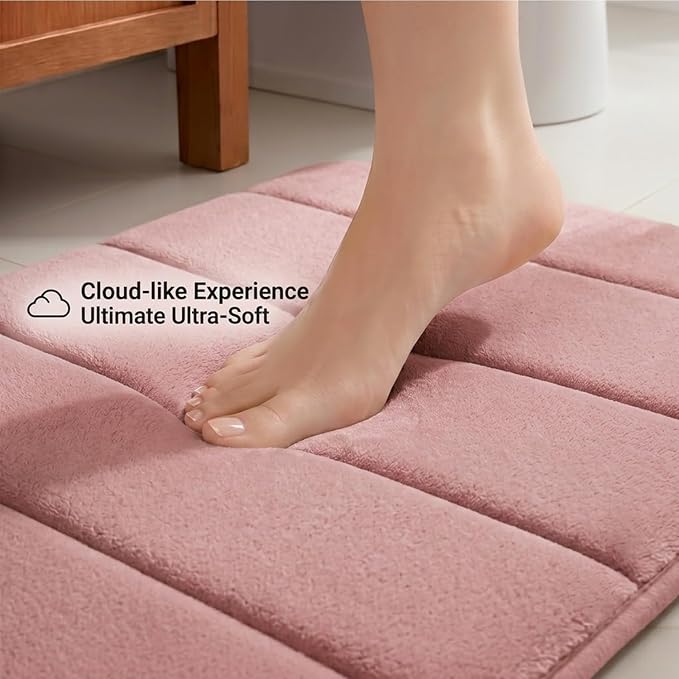 U-Shaped Toilet Bath Mat Set 2 Piece - Super Soft Absorbent Quick Dry Memory Foam Bathroom Rugs, Machine Washable Non Slip Floor Carpet for Tub Shower & Single Sink 16x24 & 20x20,(Pink)