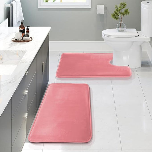 Clara Clark 2 Piece Bathroom Rugs, Velvet Memory Foam Bath Mat Set, Non-Slip Bath Rugs, Machine Wash, Dries Quickly, Ultra Soft Plush Bath Mats for Bathroom, 17 x 24 + Contour, Coral Pink