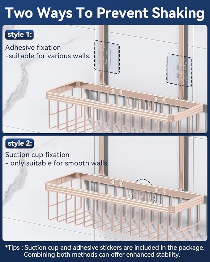 YASONIC Never Rust Shower Caddy Hanging, Aluminum Shower Racks for Inside Shower, 2-Tier Shower Organizer Hanging Over Shower Head with Hooks and Soap Holder, Rose Gold