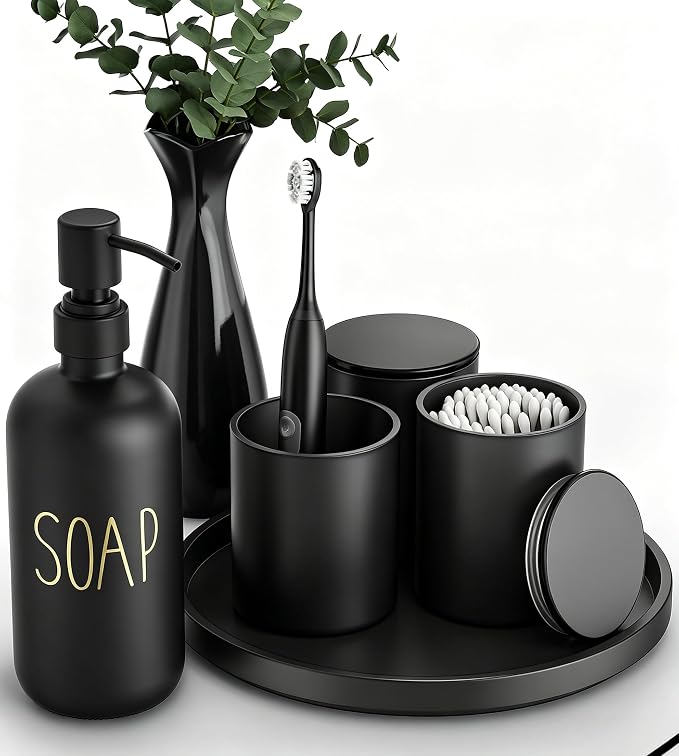 6Pcs Black Glass Bathroom Accessories Set with Tray, Bathroom Counter Set | Toothbrush Holder, Lotion Dispenser, Qtip Container, Vanity Tray, Tumbler- Elegant and Functional Décor Set