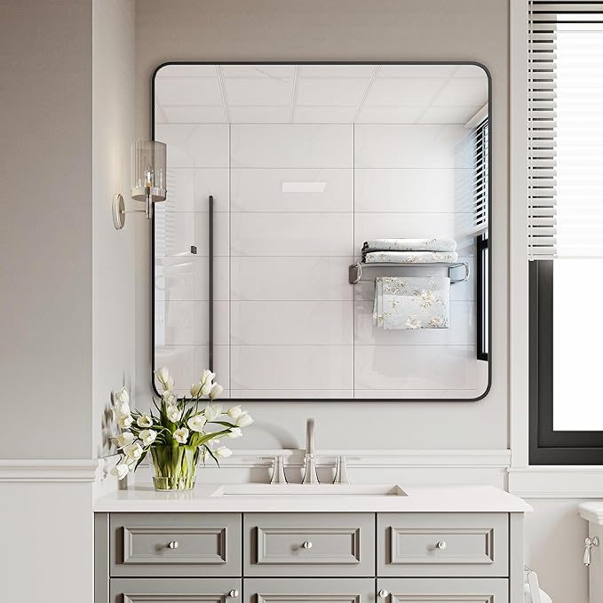 Delma Bathroom Vanity Mirror, Black Framed Mirror for Over Sink, 30x30 | HD glass, distortion-free for makeup and grooming, Sturdy frame, all mounting hardware, hangs horizontal or vertical