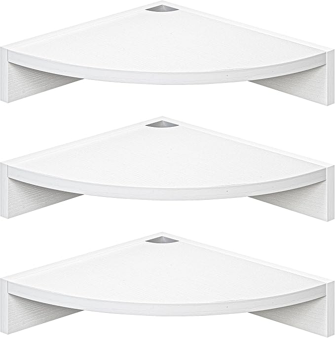 Fun Memories Corner Shelf Wall Mount, Wood Floating Corner Shelves, Corner Wall Shelf for Bedroom, Bathroom, Kitchen, Living Room (White, 3 Pack)