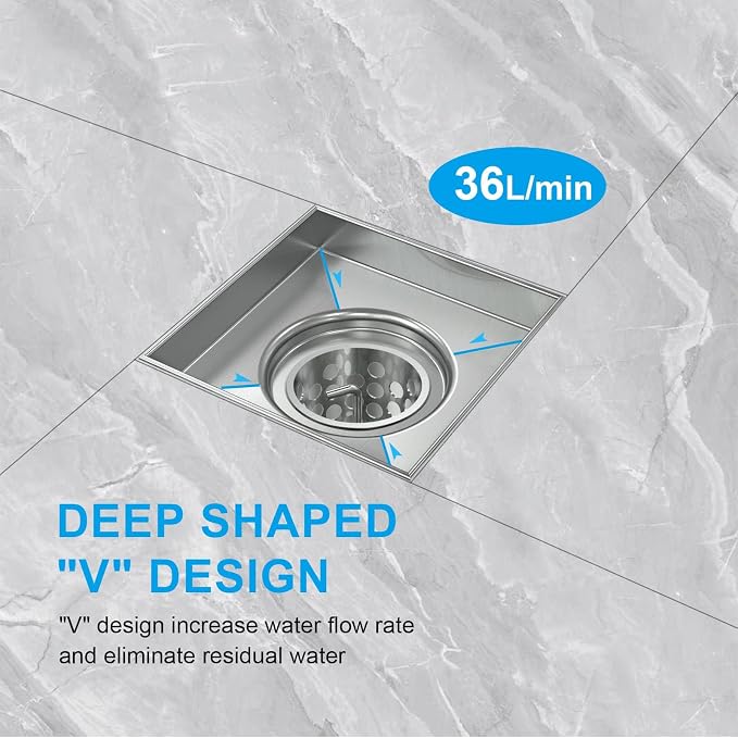 EMBATHER 4 Inch Square Shower Drain with Tile Insert Grate, 304 Stainless Shower Floor Drain and Shower Drain Cover Included Hair Catcher and Leveling Feet, Brushed Nickel
