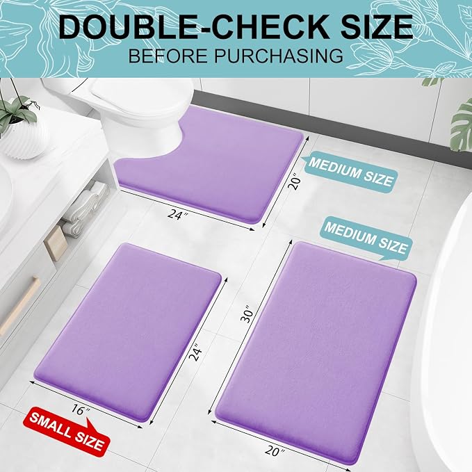 Smiry Memory Foam Bath Mat 24x16, Extra Soft and Absorbent Bathroom Rugs | Purple, Quick Dry Machine Washable Non-Slip Bath Mat for Bathroom Floor, Shower and Tub
