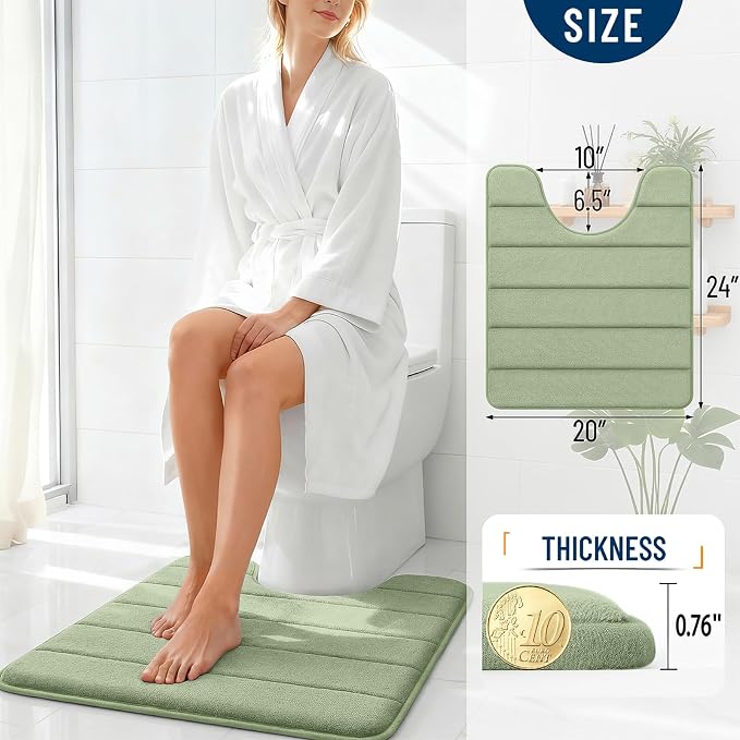 OLANLY Memory Foam Toilet Rugs U Shaped 24x20, Super Soft and Absorbent | Sage Green, Quick Dry Commode Contour Bath Rugs, Machine Washable Toilet Mat, Comfortable Bathmat Carpet for Bathroom Floor