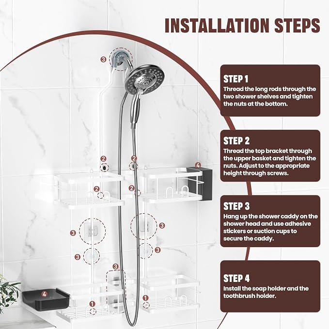 REINHARDT Adjustable Shower Caddy Hanging for Handheld Showerheads, White | Patented Shower Organizer, Rustproof, 40lbs Capacity, Anti-Swing, Tool-Free, Suction Cups, 8 Hooks, Soap & Toothbrush Holder