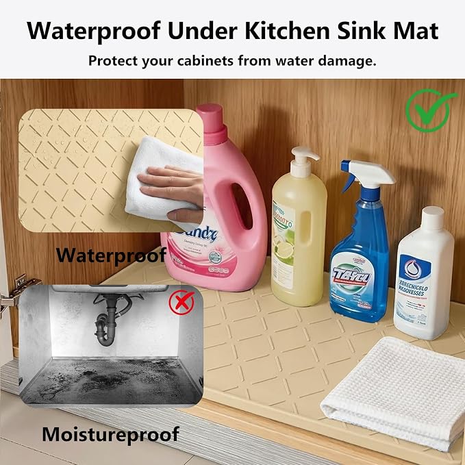Mateeylife Under Sink Mats for Kitchen Waterproof 34"X22", Undersink Protectors，Silicone Mat Cabinet Liner, Under Sink Organizer for Bathroom and Kitchen，Boot Tray Pet Food Mat, Khaki