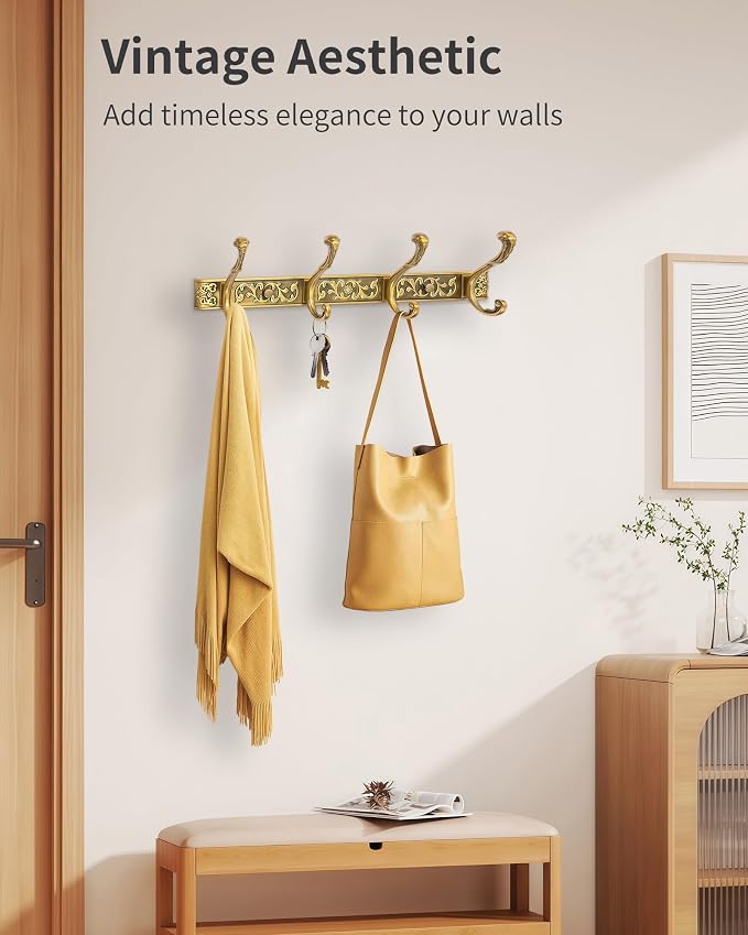 Vintage Coat Rack Wall Mount, Decorative Wall Coat Rack with 4 Hooks for Hanging Key Purse Hat Robe Towel Clothes Unique Hanger for Bathroom Shower Entryway Antique Brass 1 Pack
