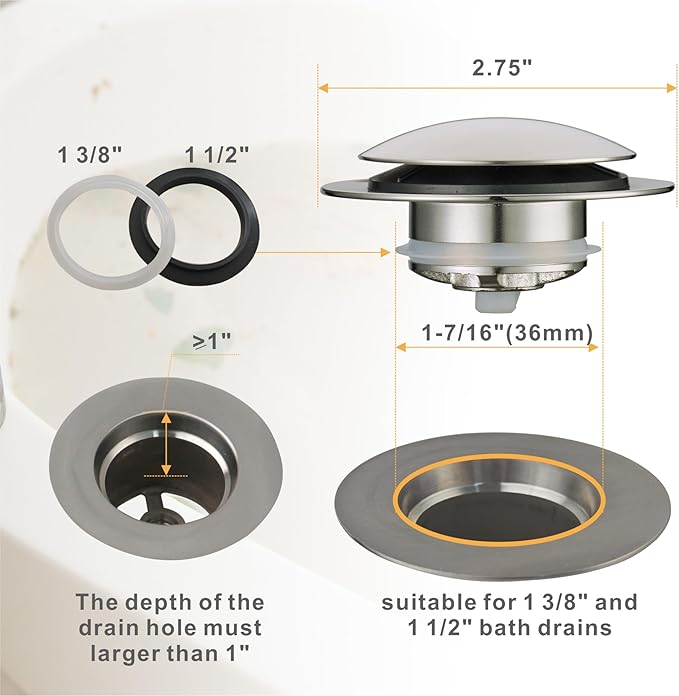Brushed Bathtub Drain Stoppers, Wellup Universal Pop Up Bathtub Drain Stopper Replacement, Tip Toe & Lift and Turn Tub Plug, Stainless Steel Drain Conversion Kit for 1-3/8"and 1-1/2" Bathroom Drains