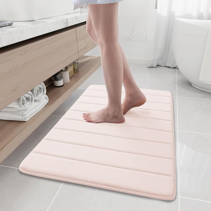 Buganda Memory Foam Bath Mat 35.4 x 24, Ultra Soft Absorbent Bathroom Rugs | Pink, Machine Washable Quick Dry Bath Mats for Bathroom Floor, Shower and Tub, Home Decor Accessories