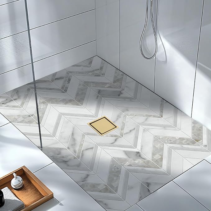 4-Inch Square Shower Drain, Brushed Gold Floor Drain with Flange, 304 Stainless Steel Bathroom 2-in-1 Tile Drain