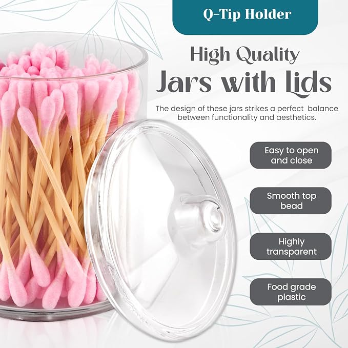 Qtip Holder Set, 4 Pack Clear Plastic Apothecary Jars with Lids — Cotton Swabs Holder, Cotton Balls Storage, Bathroom Canisters & Vanity Organizer for Q-Tips, Floss Picks
