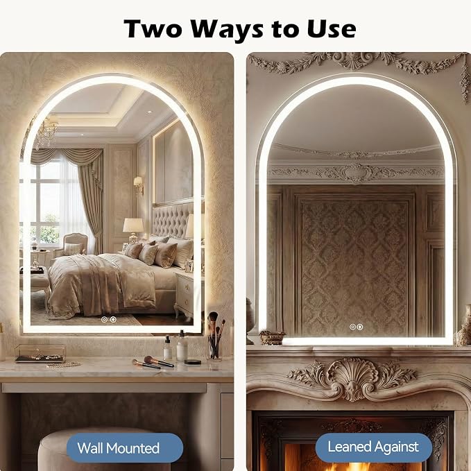 DUMOS 28"x36" LED Bathroom Mirror with Lights, Arched Vanity Mirror | Anti-Fog, Dimmable, 3-Color Light, Memory Function, Front Light and Backlit, Tempered Glass