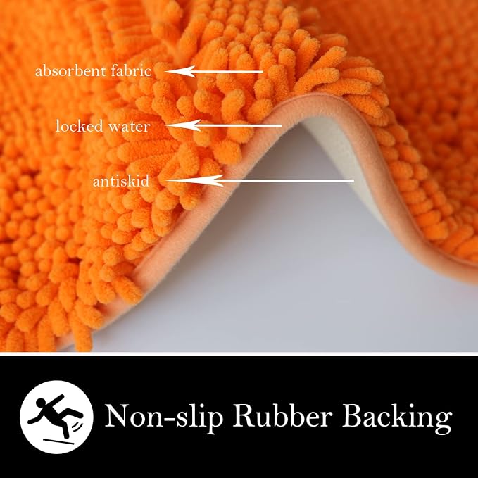 Bathroom Rugs Chenille Bath mat 2 Piece Set, Super Absorbent, Strong PVC Non Slip Backing, Bath mats for Bathroom, Plush Shaggy, Thick, Machine Washable, Bathtub, Shower, Toilet.(Orange)