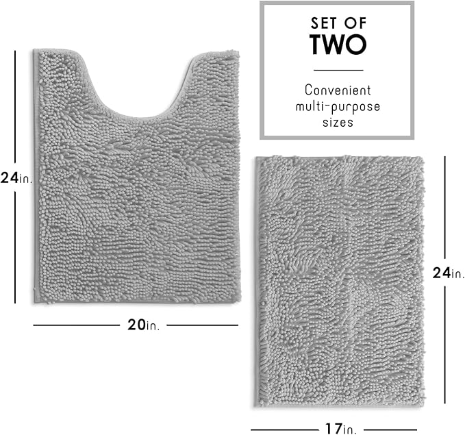 Hearth & Harbor Bathroom Rugs, Chenille Bath Mat - Machine Washable Bath Mats for Bathroom Non-Slip Backing Rubber, Quick Dry Bathroom Mat - Silver 17x24-20x24