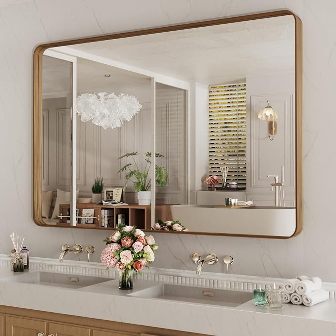 LOAAO 55X30 Inch Bathroom Mirror with Wood Grain Colored Metal Frame | Rounded Rectangle Metal Framed, Anti-Rust, Hangs Horizontally or Vertically, Tempered Glass