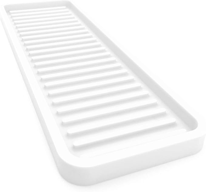 Silicone Sink and Surface Organizer Tray, Sponge Holder, Vanity Tray, Heat Safe, Dishwasher Safe, for Bathroom and Kitchen Organization (White, 12"x4")