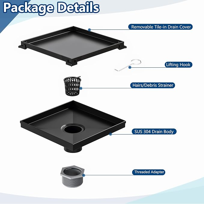 Neodrain Square Shower Drain with Removable Tile Insert Grate,304 Stainless Steel, CUPC Certified, Includes Hair Strainer (Matte Black, 8 in)