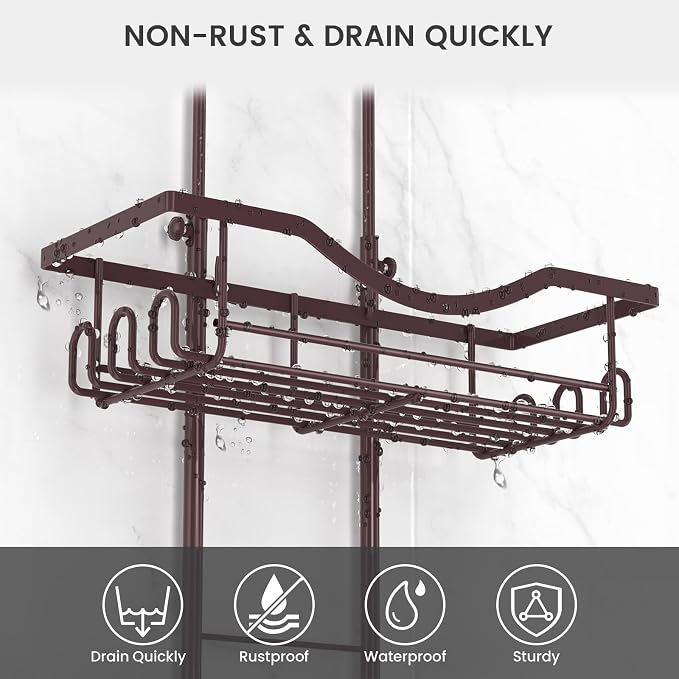 REINHARDT Adjustable Shower Caddy Hanging Over Shower Head, Bronze | Rustproof Shower Organizer, Extra Long, No Drilling, Anti-Slip, Fast Draining, Soap Holder, 12 Hooks, Bathroom Accessories