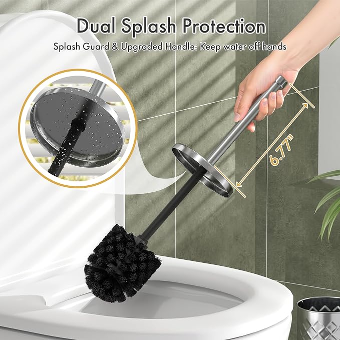 Toilet Bowl Brush and Holder Set 2 Pack with 4 Extra Brush Heads (Silver) | Extra Long Handle with Splash Guard Cover, Tool-Free Installation, Bathroom Space-Saving, Cleaner Sets for Apartments, RV