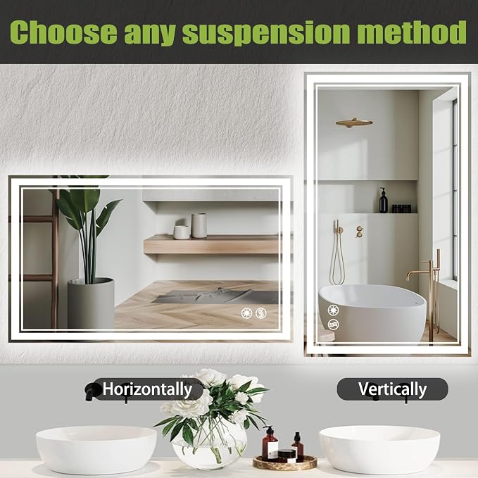40 x 32'' LED Mirror for Bathroom, Dimmable 3 Colors, Anti-Fog | LED Bathroom Mirror with Lights, Lighted Vanity Mirror, Memory Function, Wall Mounted Home Decor Horizontal/Vertical